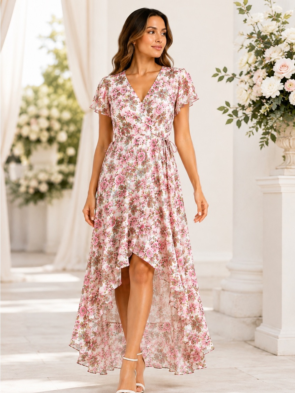 B3 Betsey Johnson Size 8 Pink Floral Hi-Low True Wrap Dress Wedding Guest